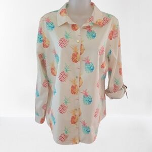 Chico's 1/Medium Pineapple Print Button Up Shirt Quirky Pastels